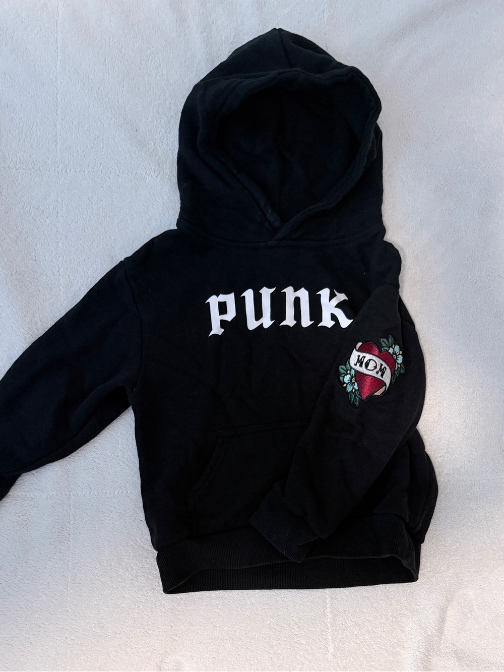 Little Trouble Kids Black 'PUNK' Graphic Hoodie with Heart Sleeve Patch